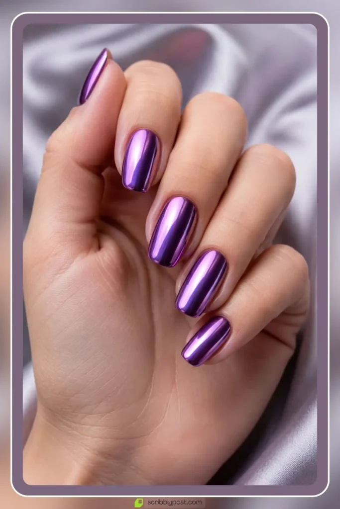 Purple chrome nails with amethyst mirror shine