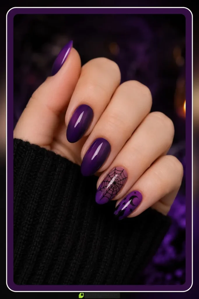 Purple halloween nails with black web accents