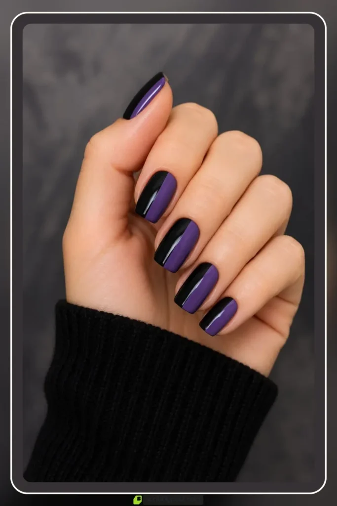 Purple and black nails in half and half split design