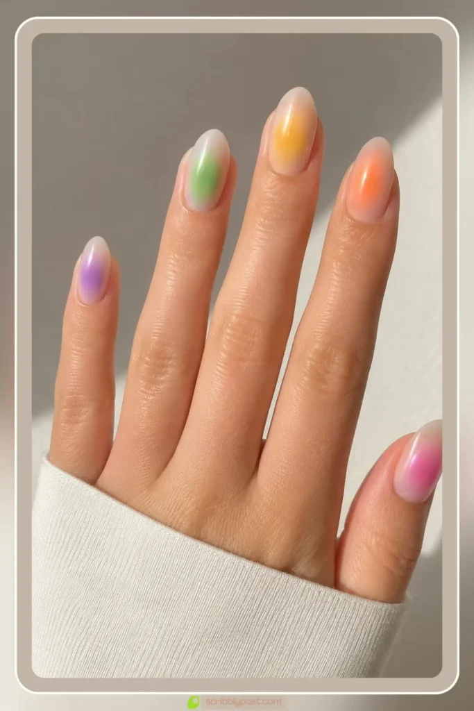 Rainbow skittle aura manicure with a different color glow on each nail