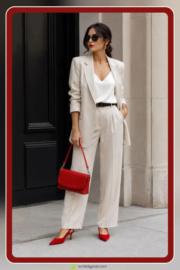 Neutral outfit with red bag and lip accent