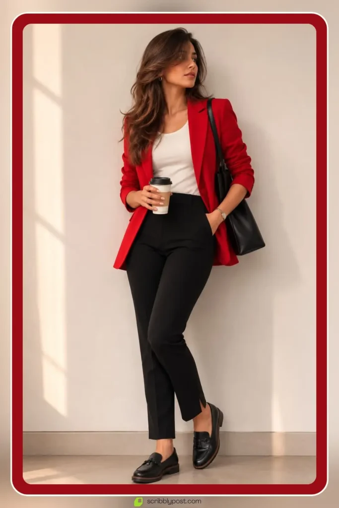 Red blazer outfit over neutral base for power look