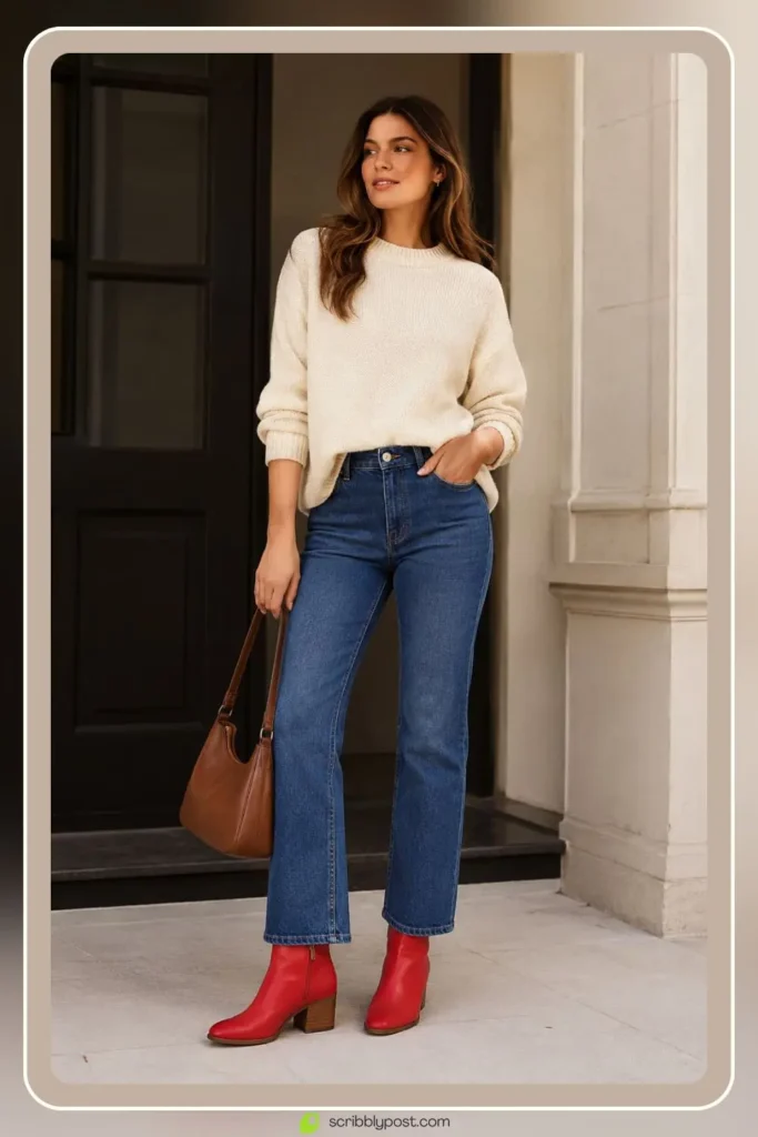 Red boots with neutral outfit as accent piece