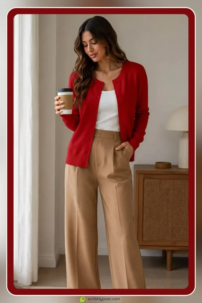 Red cardigan outfit layered over neutral basics