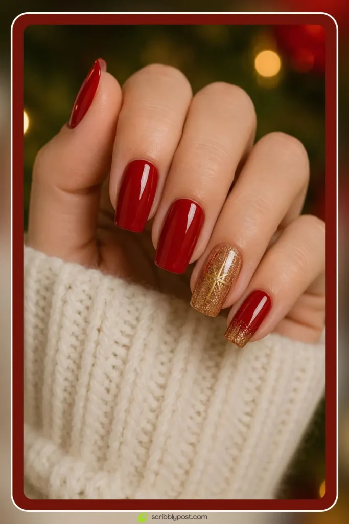 Red Nails for Every Plan: 16 Sets Sorted by the Occasion in 2026 17 Red christmas nails with glossy holiday finish and gold accent