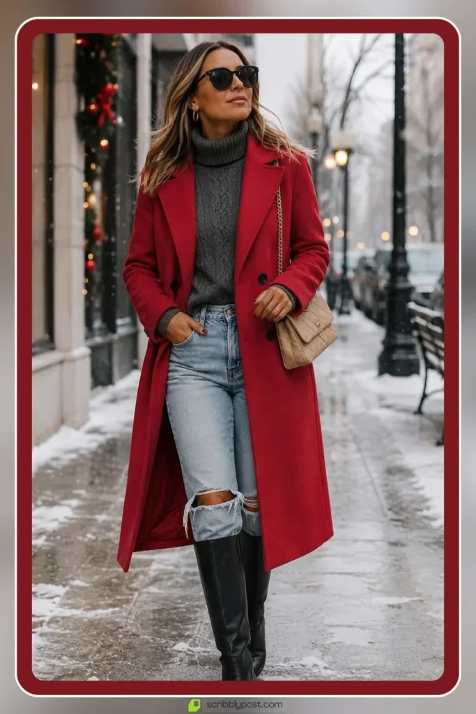 Red coat over winter neutrals classic outfit