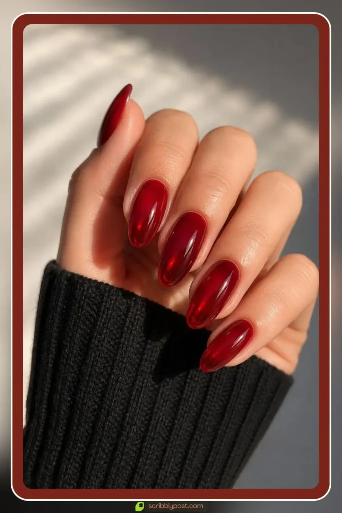Glossy translucent jelly red glass nails on almond shape