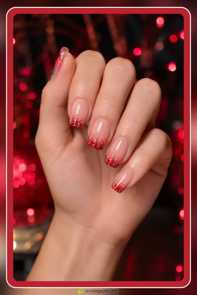 Red Nails for Every Plan: 16 Sets Sorted by the Occasion in 2026 25 Red glitter nails with sparkle concentrated at the tips