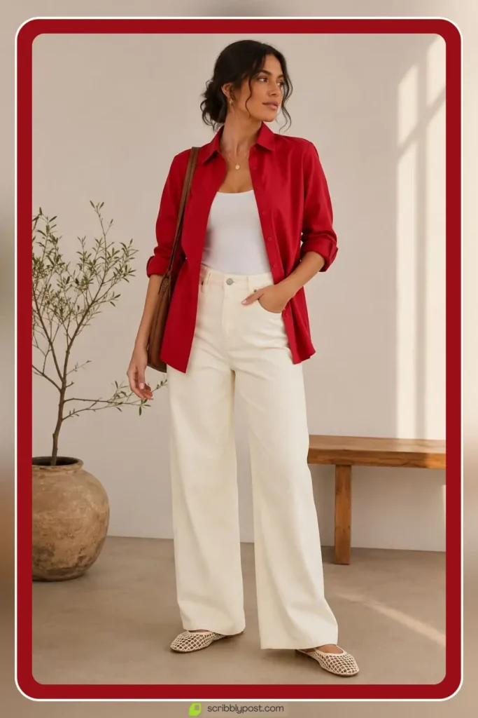 Red button down shirt outfit with tailored casual pieces