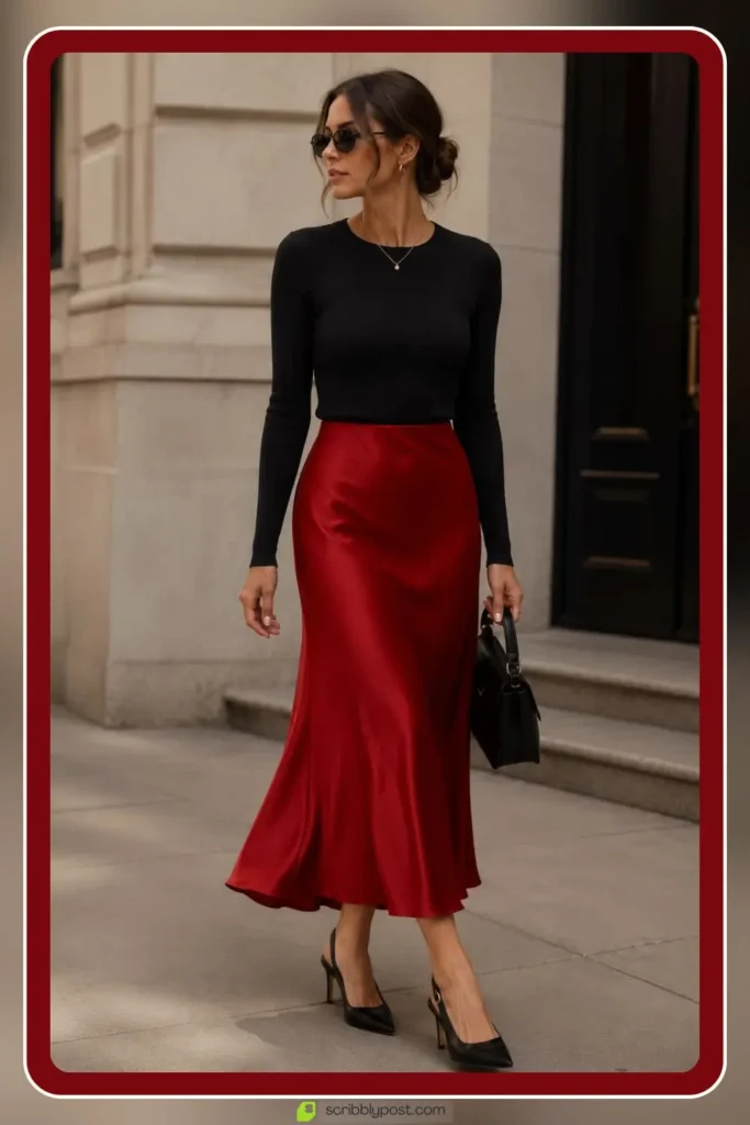 Red midi skirt outfit with neutral top balance
