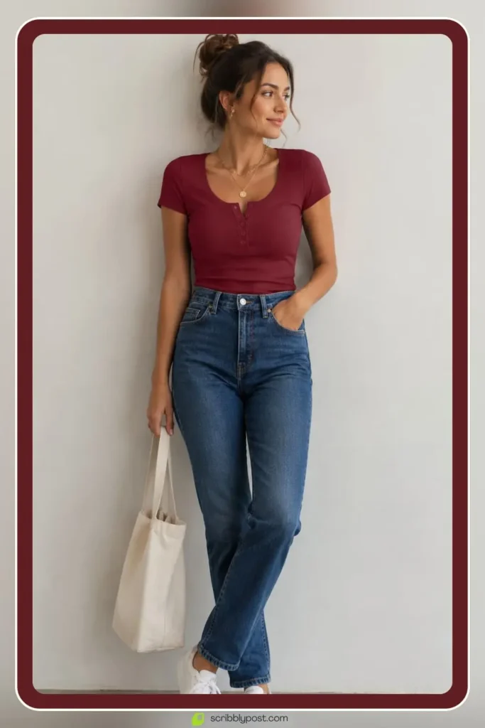 Red top with blue jeans classic outfit pairing