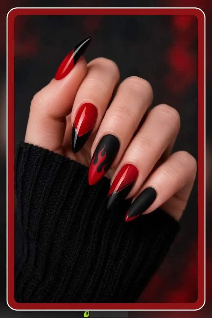 Red Nails for Every Plan: 16 Sets Sorted by the Occasion in 2026 53 Red and black nails in graphic high contrast design
