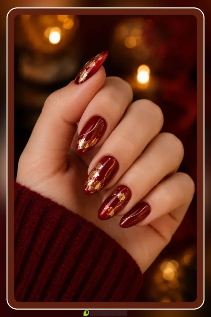 Red Nails for Every Plan: 16 Sets Sorted by the Occasion in 2026 21 Red and gold nails with foil accents on crimson base