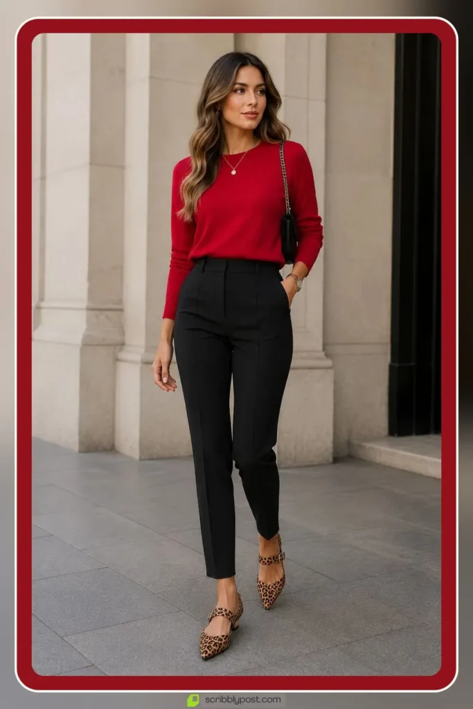 Red piece styled with leopard print editor pairing