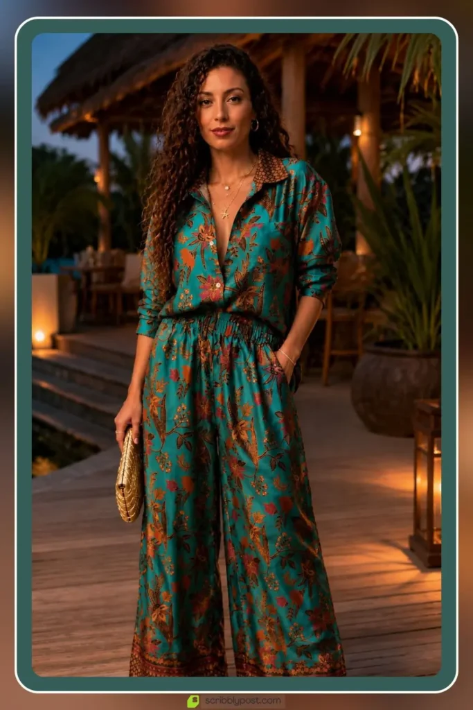 Resort vacation outfit with elevated linen set for evening