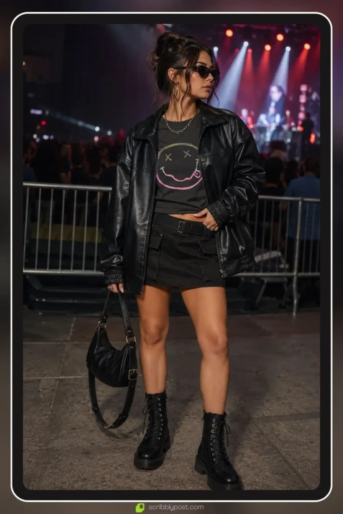 Rock concert outfit with black leather jacket, cropped band tee, and combat ankle boots