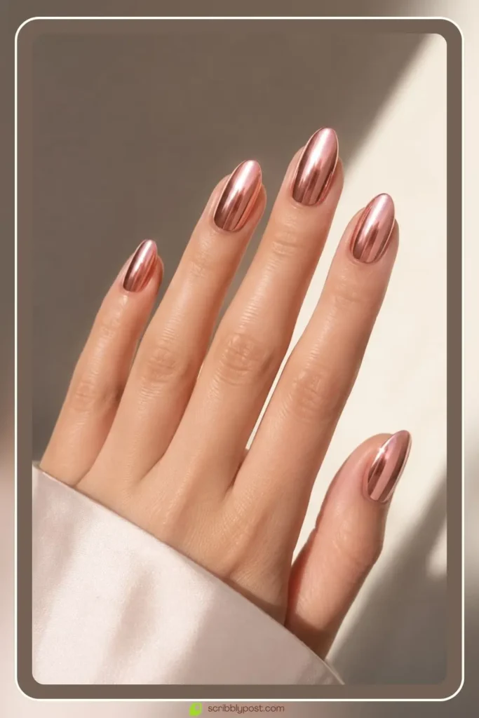 Rose gold chrome nails with soft pink metal shine