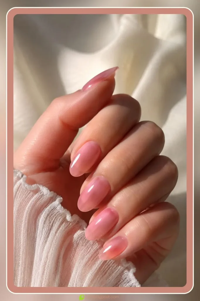 Soft sheer jelly rose pink glass nails for everyday