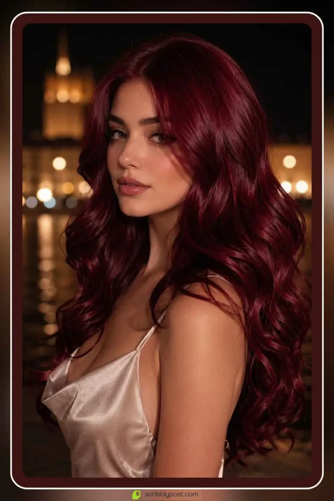 Ruby jewel tone hair color rich and saturated on long hair