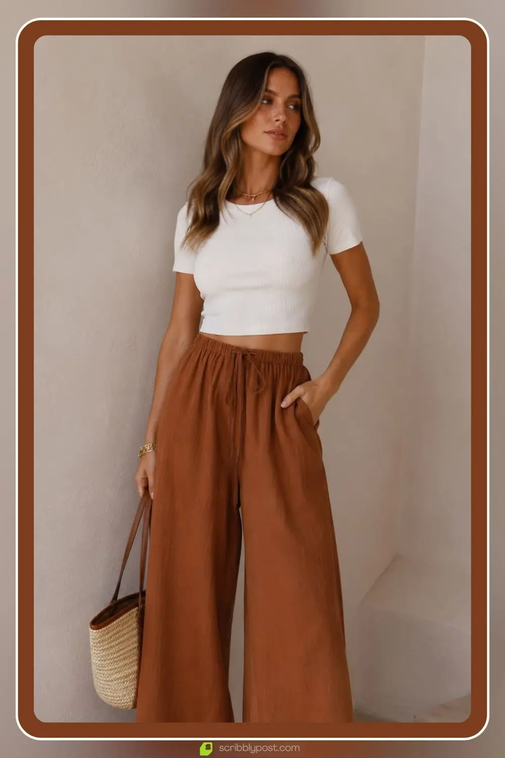 Rust orange wide leg trousers outfit with cream top