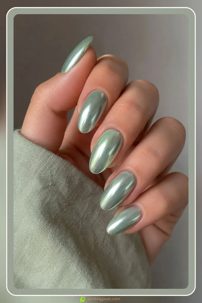Sage green chrome nails with icy pearl glaze shine