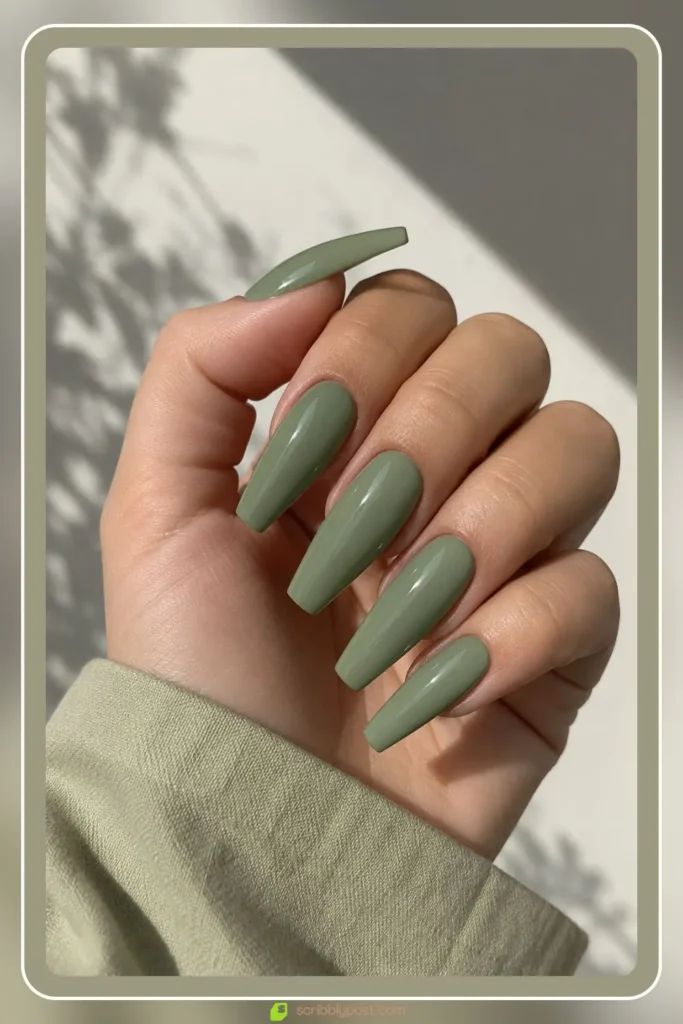 Long sage green coffin nails in sculpted extension set