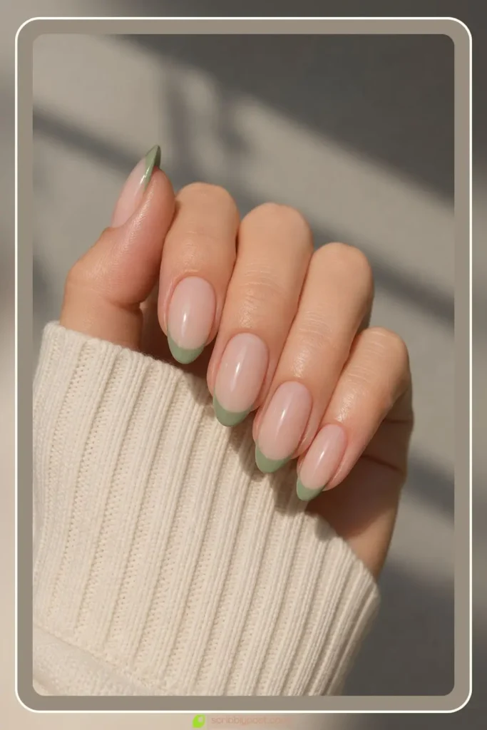Sage green french tip nails on warm nude base