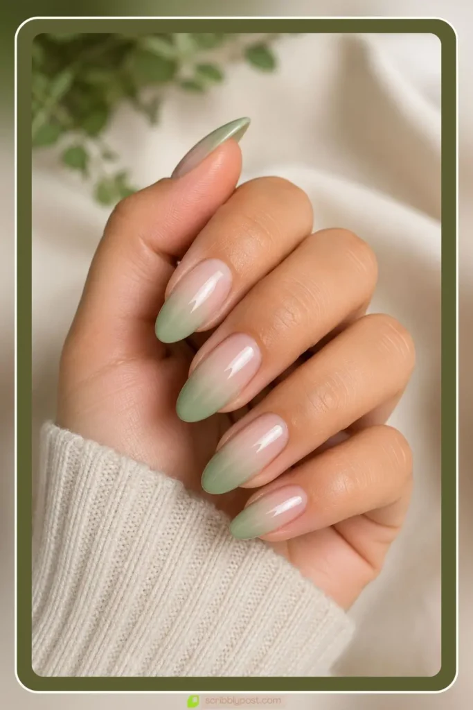 Sage green ombre nails fading from green to sheer nude