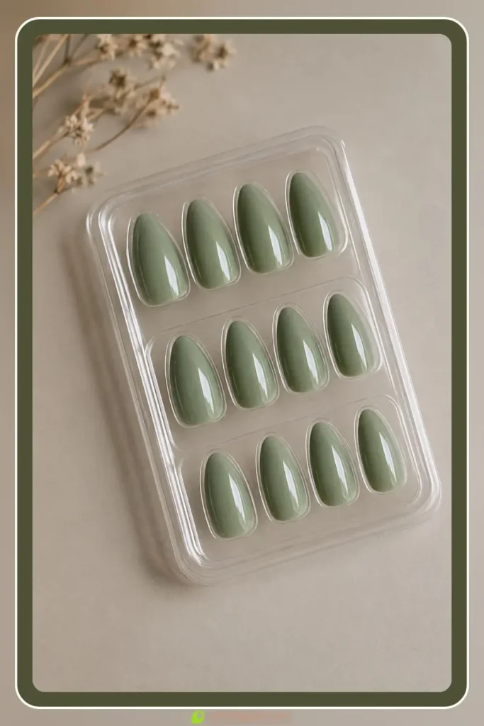 Sage green press on nails in almond shape ready to apply
