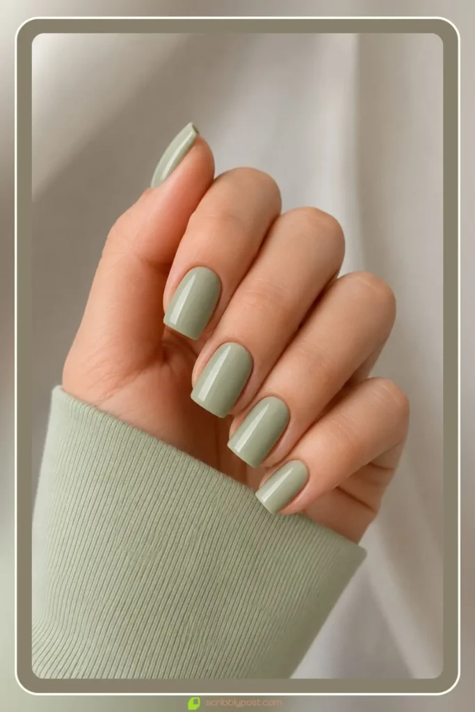 Sage green square nails in pale minimal finish