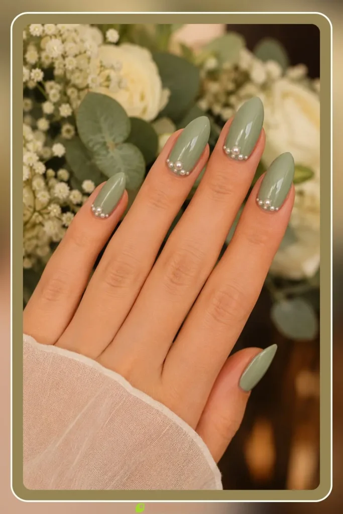 Sage green wedding nails with pearl accents on almond shape