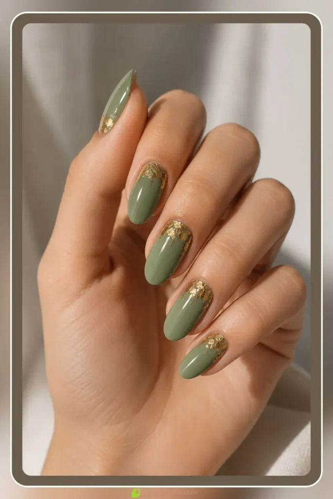 Sage green nails with gold foil flakes on glossy base