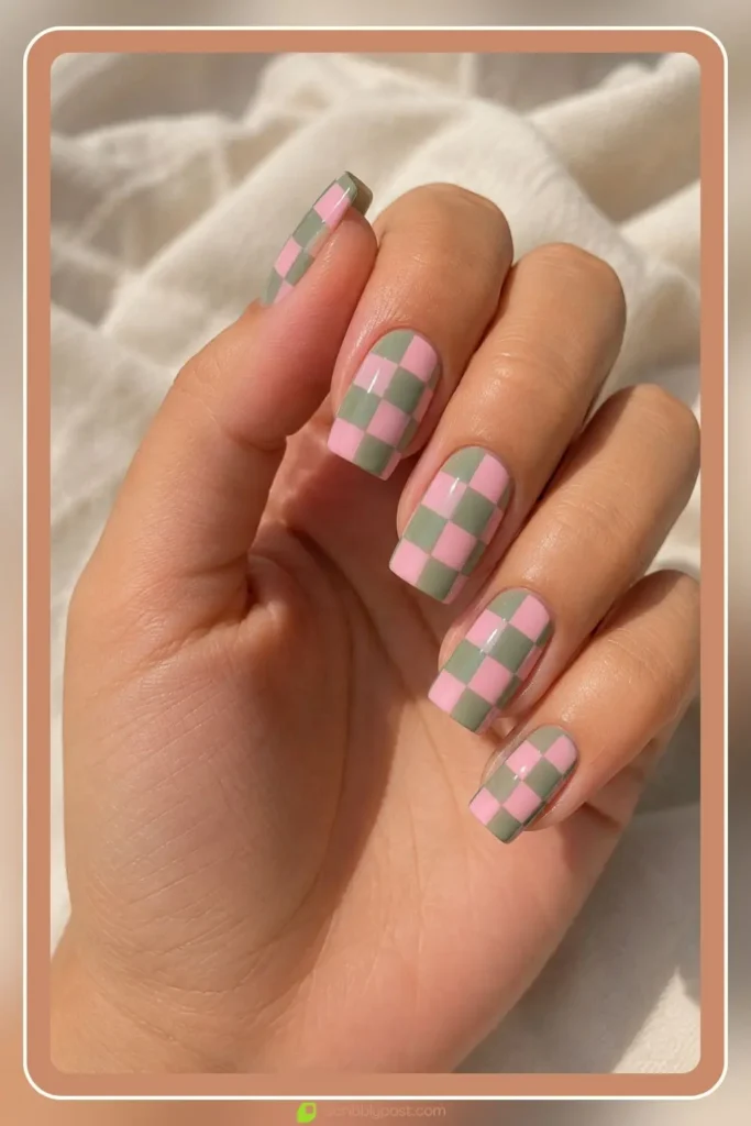 Sage green and pink checkerboard nails on square shape