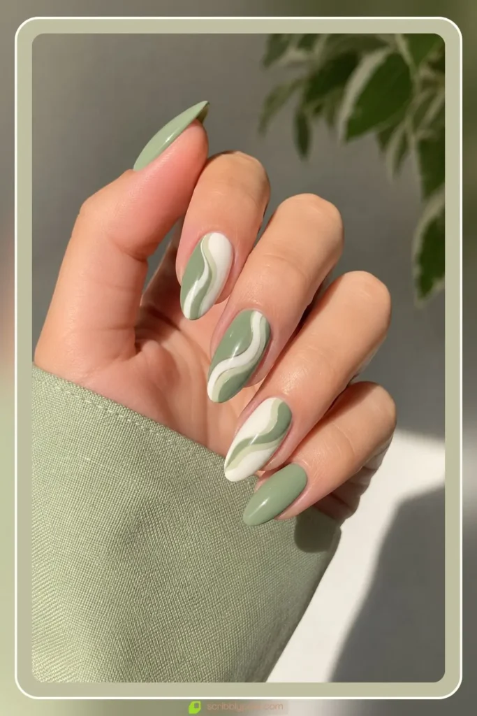 Sage green and white swirl nails with abstract lines
