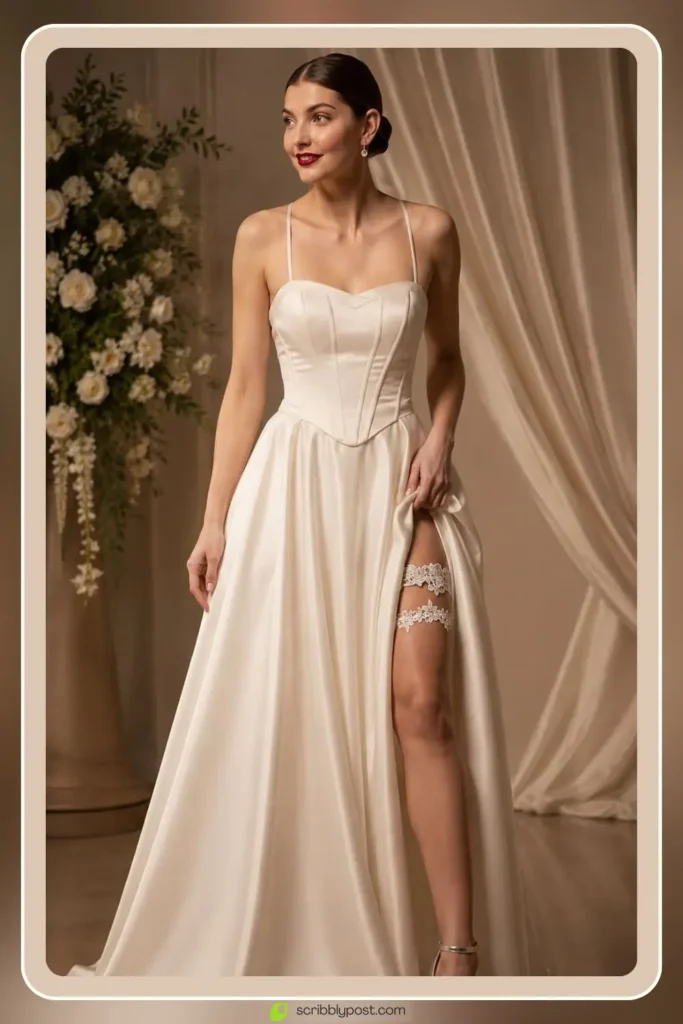 Satin corset wedding dress with structured boned bodice