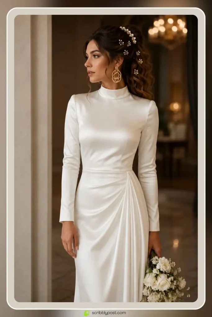 Satin high neck wedding dress in sleek modern cut