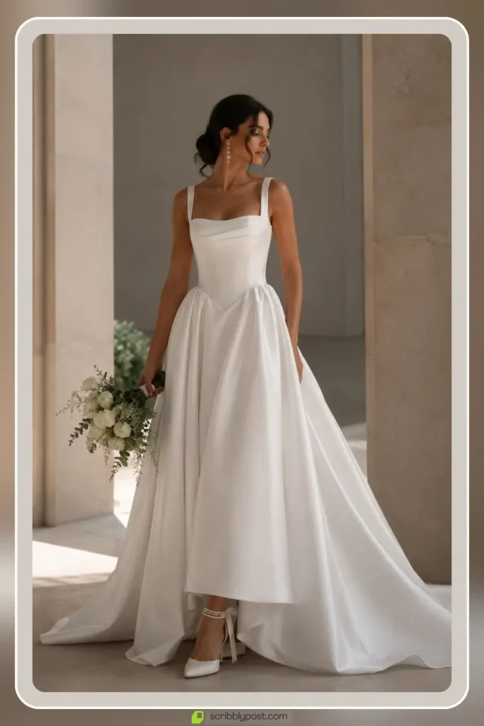 Satin square neck wedding dress in clean minimal lines