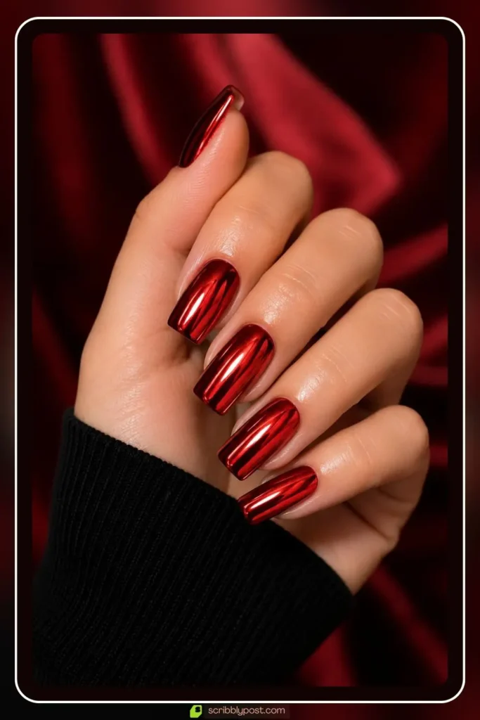 Scarlet red chrome nails with mirror shine on square nails