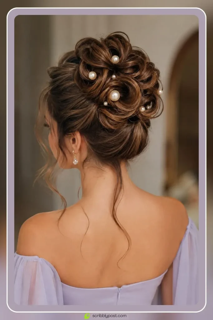Sculptural bun hairstyle with pearl pin jewelry details