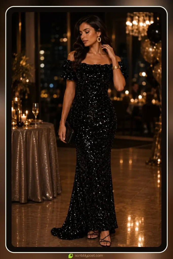 Sequin maxi dress catching light at evening party