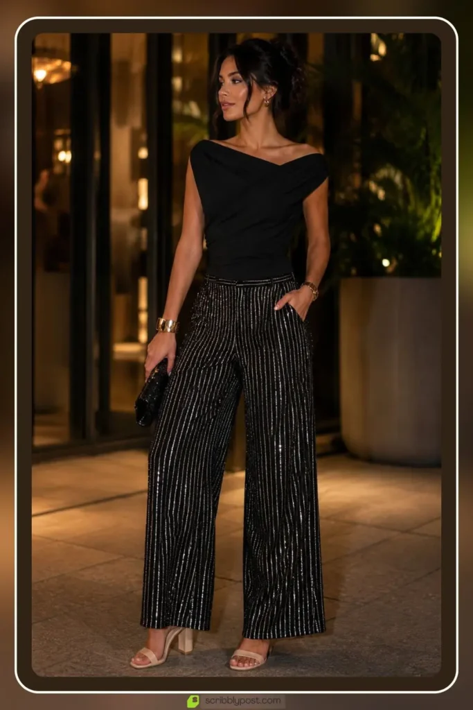 Sequin striped evening pants with fitted top night outfit