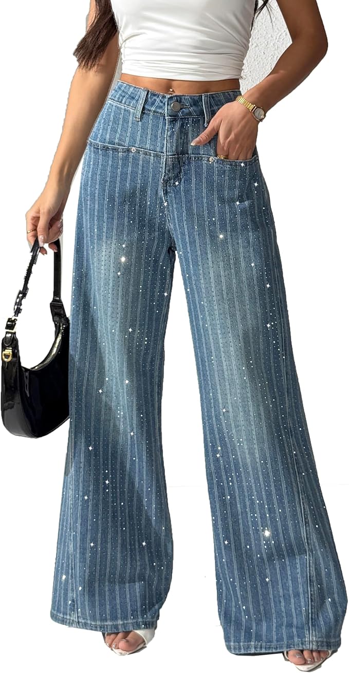 Women sequin striped trousers for vacation evening outfit