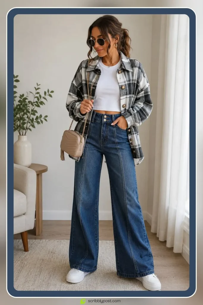 Shacket outfit with flannel plaid oversized shacket over wide leg relaxed jeans and white flat sneakers