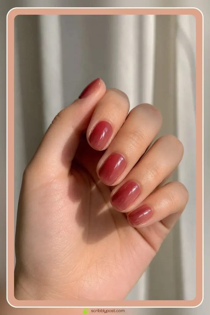 Sheer burgundy wash manicure on short natural nails with soft shine