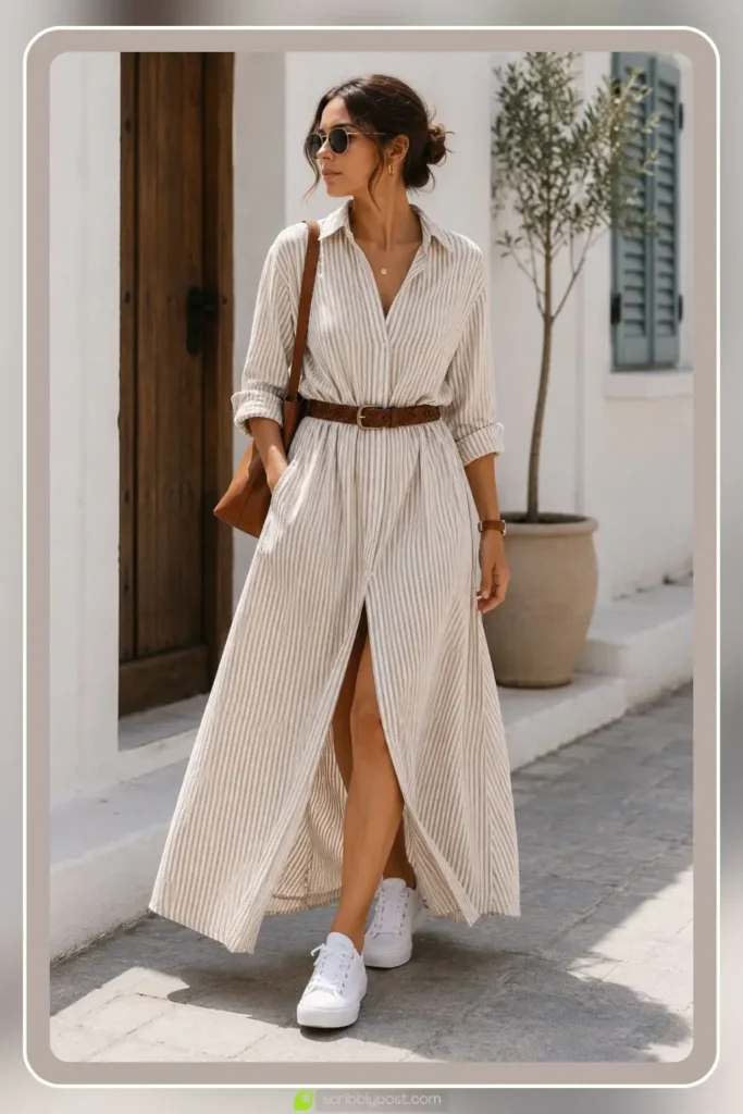 Maxi shirt dress with button front and belt