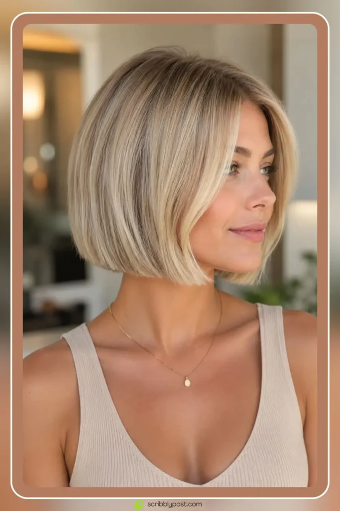 Short blonde hair styles in sleek chin length bob