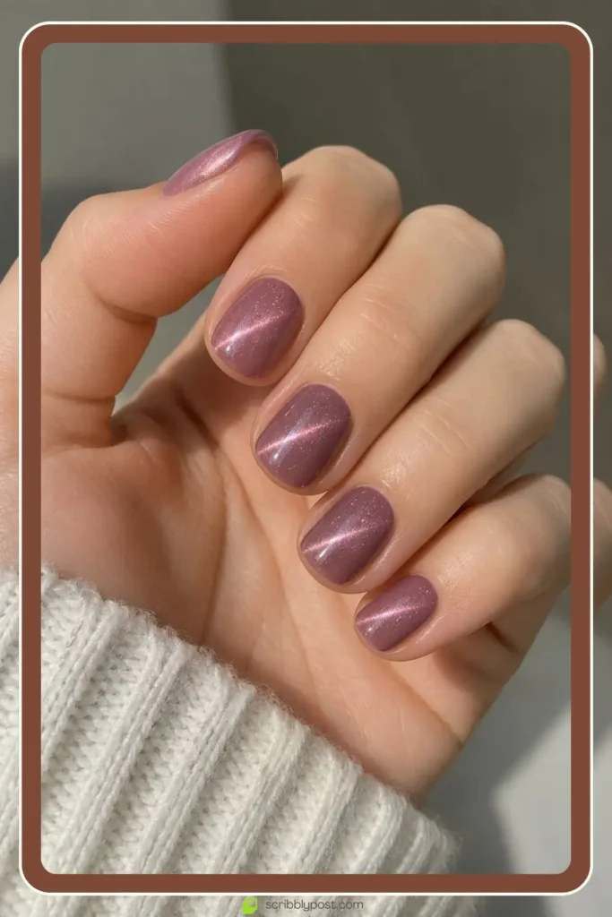 Short natural nails with micro cat eye shimmer stripe