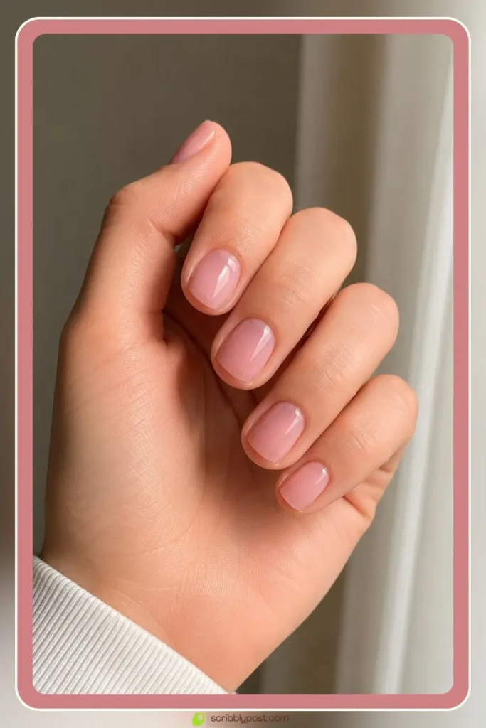 Short pink nails in minimal shell tone on natural length