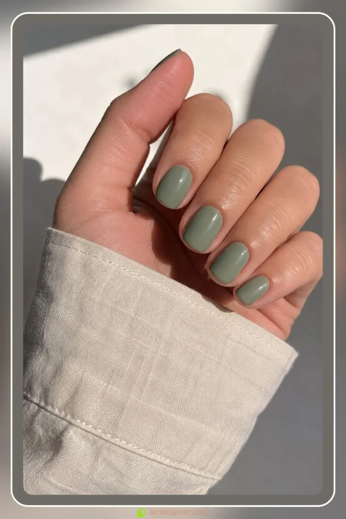 Short sage green nails on natural length with clean glossy finish