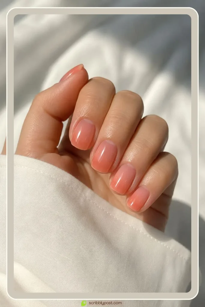 Short jelly nails in squoval shape with sheer coral tint